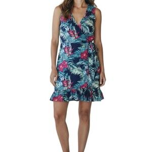Tommy Bahama Tropical Floral Faux Wrap Dress Size Larger Blue Ruffle Hem Resort